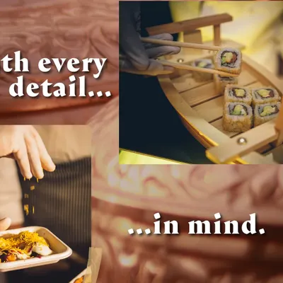 A collage showcasing the detail-oriented work of our team, from sushi to chaat.