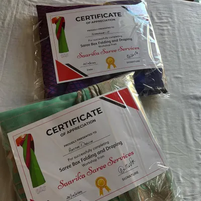 Certificates of appreciation for two of my students from a recent offline workshop on saree draping and box folding. They did a wonderful job.