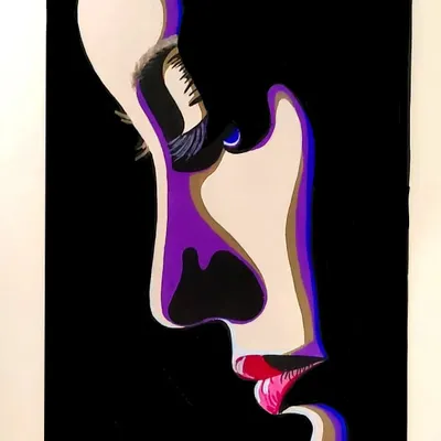 A finished abstract portrait of a woman's face, using bold lines and a striking color palette of purple and black to create a modern, edgy piece of wall art.
