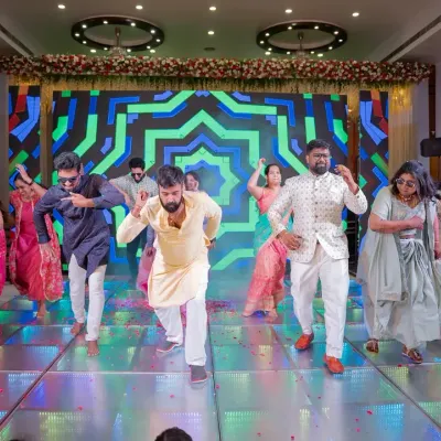 The groom's crew takes over the stage with a perfectly synchronized performance. We love choreographing routines for friends that are full of energy and attitude, making for an unforgettable highlight of the sangeet night.