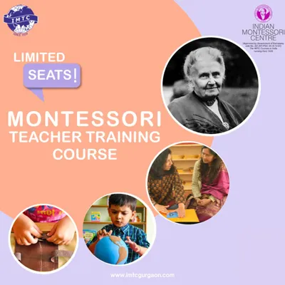 Limited seats are available for our next Montessori Teacher Training Course. This graphic highlights the key components: a blend of online and in-person training, a focus on the 2.5 to 6-year-old child, and a government-recognized diploma. Secure your spot today.