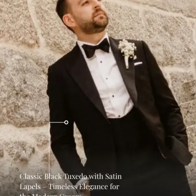 The definitive groom's attire. This classic black tuxedo features elegant satin lapels and is custom-tailored for a perfect silhouette, ensuring timeless sophistication for your wedding day.