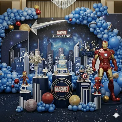 This is the complete Marvel Universe stage, featuring a dynamic cityscape backdrop and a massive balloon arch. Life-size Iron Man, Captain America, and Spider-Man figures stand guard over the cake, creating an epic scene for a young fan.