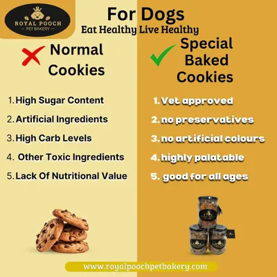 I believe what's inside matters most. This graphic compares my special baked cookies to normal cookies. I never use sugar, artificial ingredients, or preservatives. My treats are vet-approved, highly palatable, and good for all ages.