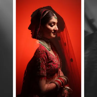 An artistic double exposure bridal portrait against a bold red background. This creative shot blends the bride's profile with a forward-facing view, creating a unique and captivating image.