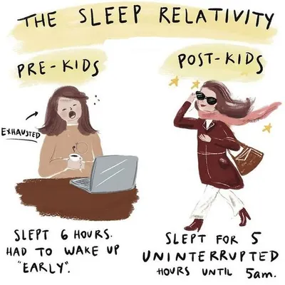 The theory of sleep relativity: how five hours of uninterrupted sleep feels like a full vacation after you have kids. Every parent knows this feeling!