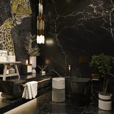 Another angle of the bold powder room, highlighting the expanse of the black Marquina marble on the walls and floor. This view shows the modern black toilet and the continuation of the dramatic, luxurious theme.