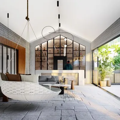 A concept for an upcoming bar and poker lounge on a penthouse terrace. This design emphasizes natural light and an open feel, with a large swing, comfortable seating, and a sleek bar set against exposed brick and wood paneling.
