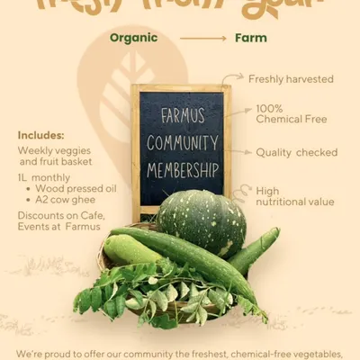 An overview of our Farmus Community Membership. It's the easiest way to get a weekly supply of fresh veggies and fruits, plus our artisanal wood-pressed oil and A2 cow ghee.