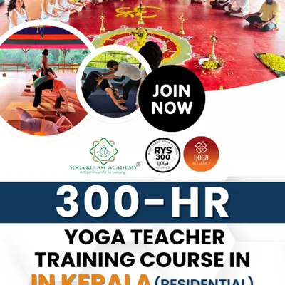 Take your teaching to the next level with our 300-hour residential YTTC in Kerala. This poster captures the spiritual essence of our program, with images of a traditional flower mandala and hands-on adjustments.