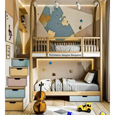 This modern bunk bed design uses light wood and pastel-colored drawers to create a cheerful and organized room. The integrated staircase doubles as storage, making it a smart solution for shared spaces.