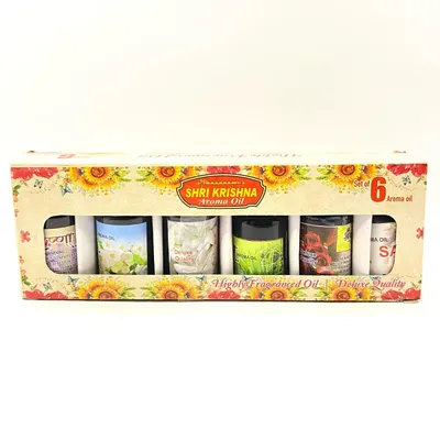 This is the front view of my Shri Krishna Aroma Oil pack. It comes with a set of six different highly fragranced oils, giving you a great variety to experiment with.