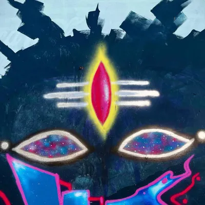 A close-up of my Shiva mural. The eyes hold the universe, painted with a galaxy effect, while the third eye glows with energy. This detail shows the fusion of spray paint techniques like flares and fades with a powerful spiritual concept.