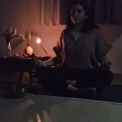 A quiet moment of candlelit meditation at home. Creating a calm and sacred space for my practice is essential, even if it's just in a small corner of my room. This is where I connect with myself at the end of the day.