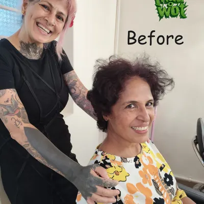 This is Sarita, before her transformation. She saw me in the park and said, 'Sapna dahling, I knew you were back... Christmas is here and my hair isn't!' I knew we had to do something special.