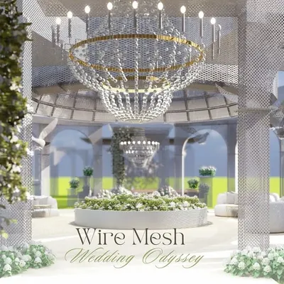 A 3D render of our "Wire Mesh Wedding Odyssey" concept, showing the grand vision of a transparent palace with a massive crystal chandelier. I love bringing these wild ideas from screen to reality.