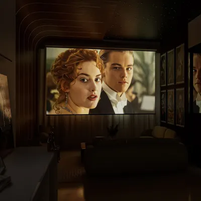 A 3D render of the ultimate home theater experience. This design features a large projector screen, plush sofa seating, and dark, moody lighting to create an immersive cinematic atmosphere right in your home.