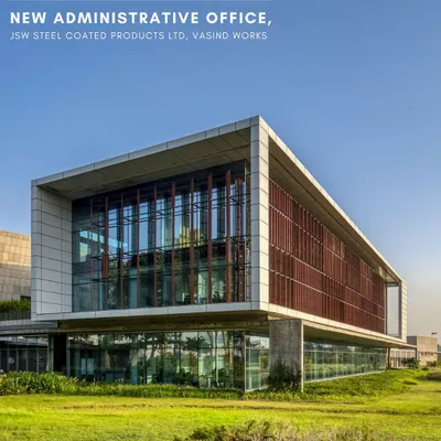 The JSW Steel Administrative Office at Vasind Works, featured in Architecture+Design magazine. This project, which won the JK Architect of the Year Award, consolidates administrative functions into a campus that balances efficiency with environmental sensitivity.