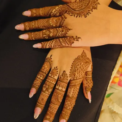 A beautiful, intricate design covering the back of the hands. This pattern features classic elements like paisleys, checks, and floral motifs, all woven together for a rich and traditional look.