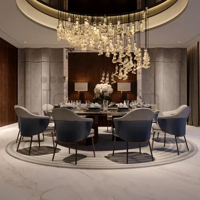 I designed this luxurious dining space as a masterpiece of elegance and sophistication. The stunning crystal chandelier descends over a circular table, creating an intimate yet grand setting for any meal.