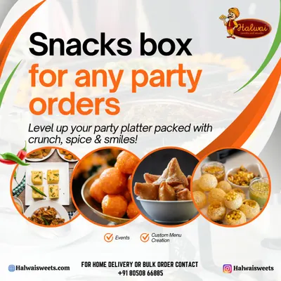 Level up your party platter with our snack boxes, packed with crunch, spice, and smiles. We offer custom menu creation for events, ensuring your snack spread is unforgettable.