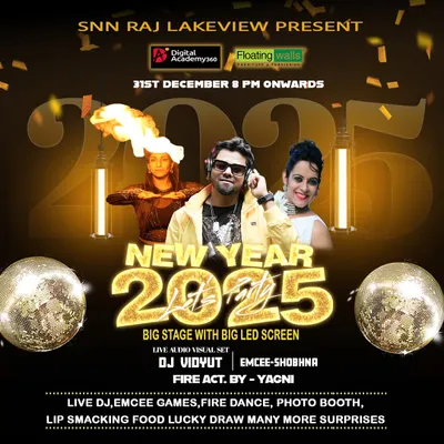 This promotional poster for a New Year's Eve 2025 party showcases a typical large-scale event I headline, complete with a big stage, LED screen, and other live acts.
