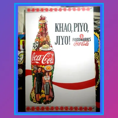 A hand-painted advertisement for Coca-Cola, designed in my signature style. The bottle is filled with intricate illustrations of food, people, and landmarks, creating a visual story.
