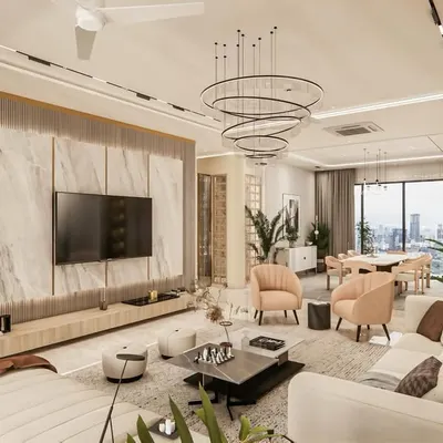This living room is crafted with understated elegance, using a soft palette and a mix of rich textures. The design focuses on creating a comfortable, light-filled space for family life, where every piece of furniture and material is chosen for enduring quality and comfort.