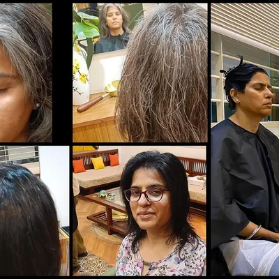 This collage perfectly captures the journey of our Ayurvedic hair colouring. You can see the process is calm and meditative, and the final result is healthy, naturally dark hair without a hint of chemical damage.