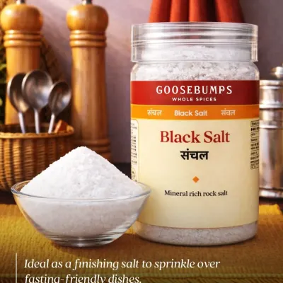 My Black Salt, or Sanchal, is a mineral-rich rock salt ideal as a finishing salt. It's perfect for sprinkling over fasting-friendly dishes to add a unique, tangy flavour.