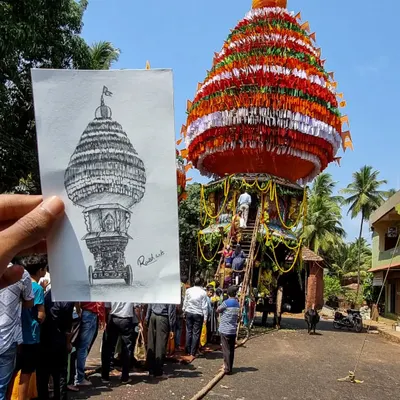 A live sketch of the magnificent chariot from our local Ankola temple festival. I held up my drawing to show how art can capture a grand real-life moment.