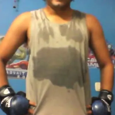 This is the result of one of our online boxing classes. You can get a serious workout and drench your shirt, even when training remotely from home.