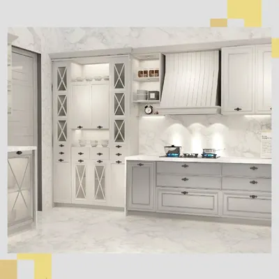 A detailed view of the classic kitchen, showcasing the tall pantry unit with 'X' motif glass doors and the panelled range hood over the cooking area.