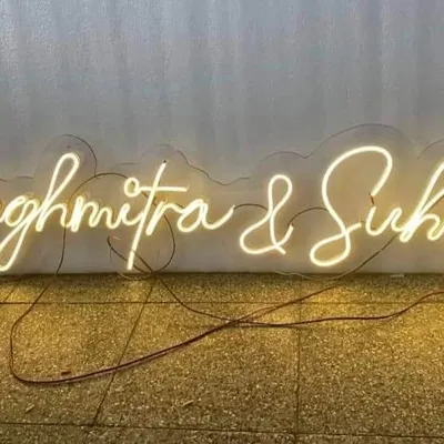 An example of a custom neon sign we created with the couple's names. These are perfect for backdrops and can be a keepsake after the event.