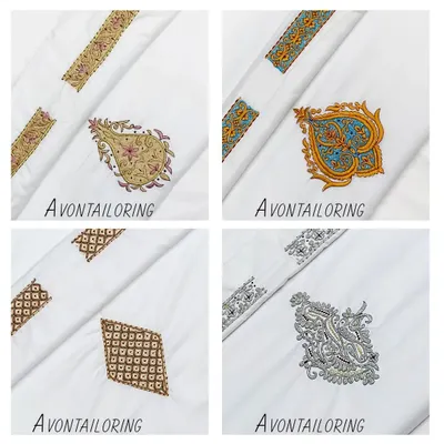 This image shows a variety of unstitched fabric pieces with intricate in-house embroidery. You can see different motifs like the 'paan' and diamond shapes, and various color combinations, all ready to be stitched into a custom garment.