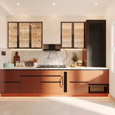 A modern kitchen design featuring a striking combination of rust-toned lower cabinets and glass-front upper cabinets. The herringbone tile backsplash and under-cabinet lighting add texture and warmth, while the layout is optimized for cooking and prep work.