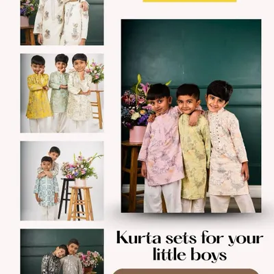This collage showcases the variety in my kurta sets for little boys. From playful prints to elegant solids, each set is designed to be smart, stylish, and oh-so-comfy for any occasion.