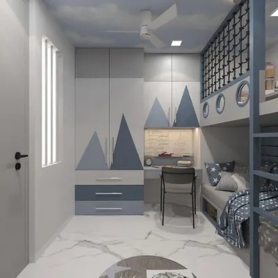 This is a 3D visualization I created to map out the room's layout, showing how the bunk bed, wardrobe, and study desk would fit together. The design includes a safety net on the top bunk and a cohesive blue and grey color scheme.