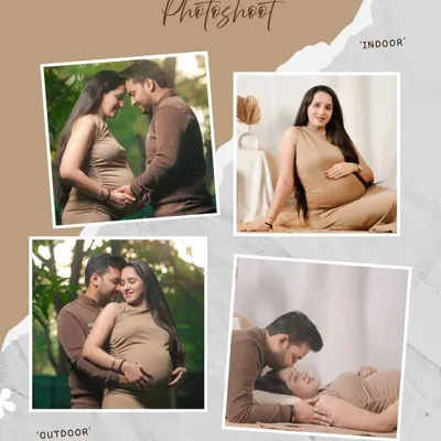 This photo story collage shows the versatility of a single session, combining outdoor nature shots with indoor studio portraits for a complete mommy-daddy photoshoot.