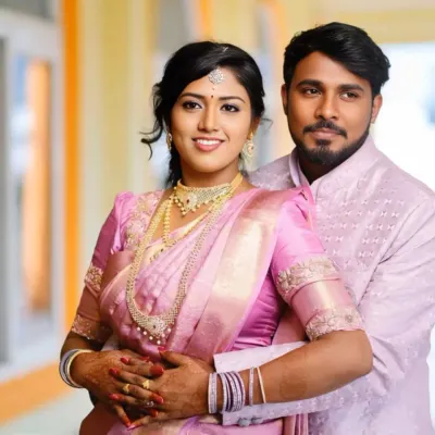 A happy couple shot from Sneha's engagement. I gave her a glowing, natural look with a pop of color on the lips that complemented her beautiful pink saree.