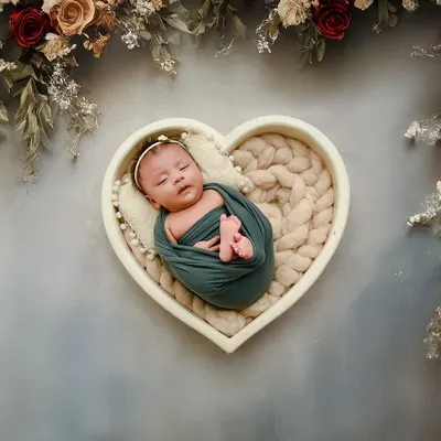 An overhead shot of a newborn nestled in a heart-shaped bowl, framed by an arch of beautiful flowers. This is a very popular and artistic newborn photography setup.