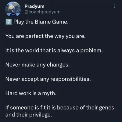A sarcastic guide on how to stay unfit. If you want to ensure your health deteriorates, just play the blame game, increase your stress, and sit at home all day staring at a screen. This is my reverse-psychology take on the common habits that hold people back.