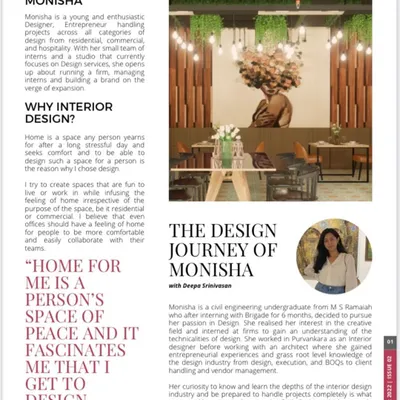 This page from my Livpro Magazine feature introduces my design journey. It covers my background and the philosophy behind why I believe in creating spaces that are a source of peace and joy.