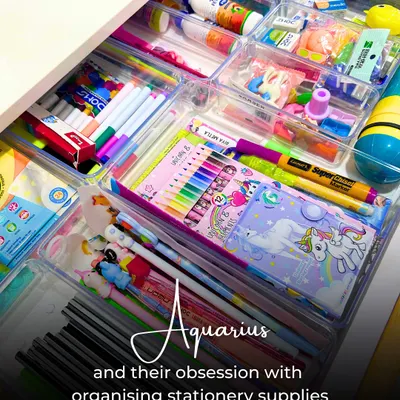 An Aquarius's obsession: a perfectly organized stationery drawer. This kid's desk drawer is a rainbow of pens, pencils, and craft supplies in clear dividers.