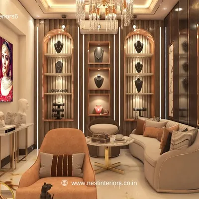 This 3D render shows the main client lounge, designed for luxury and comfort. The space features custom arched display shelves with dedicated lighting for each piece, a plush curved sofa, and a mix of metallic and wood finishes for a premium feel.