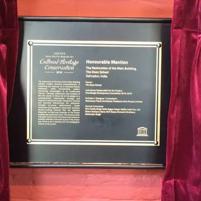 The UNESCO Asia-Pacific Awards plaque for our restoration of The Doon School's main building. This Honourable Mention is a significant validation of our conservation methodology.