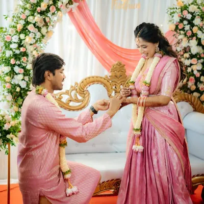 A beautiful moment from Shreya's engagement. I gave her a soft, romantic look with a pink saree that made her glow. It's all about creating a look that feels like you, just a little extra special.