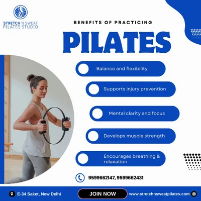 This graphic clearly lists the key benefits of practicing Pilates, including improved balance, flexibility, muscle strength, and mental clarity. It's a complete mind-body workout.