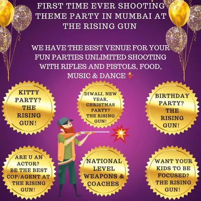 We are Mumbai's first destination for shooting-themed parties. This shows the variety of events we can host, including birthdays, kitty parties, and even training for actors.