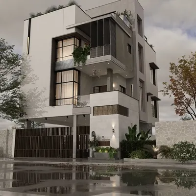 This multi-story home design showcases a bold, contemporary aesthetic with large glass windows and a cantilevered structure, perfect for a modern family.